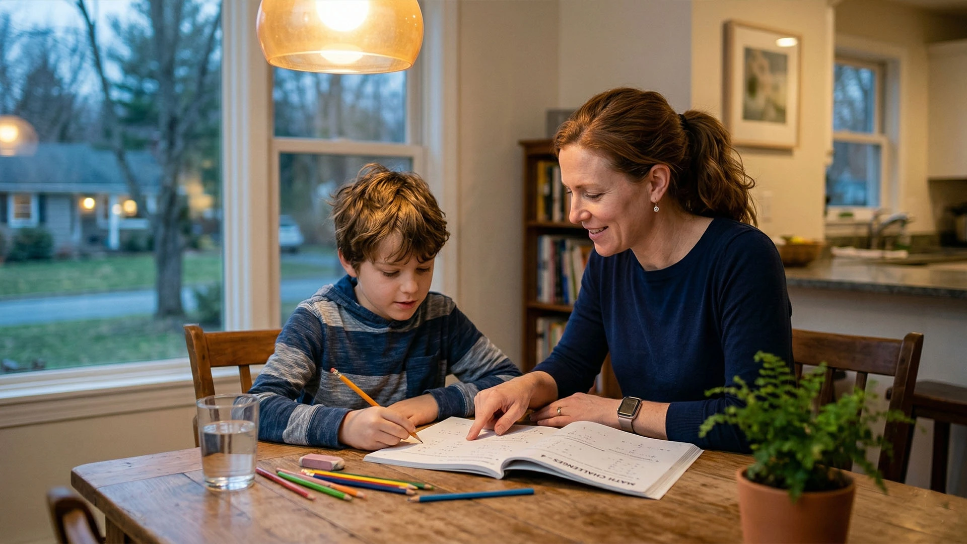 Mother in her 30s teaching her son math in the kitchen